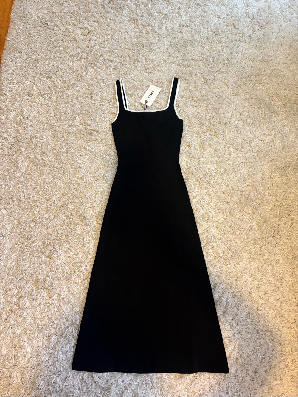STAUD Black Midi Dress with White Trim